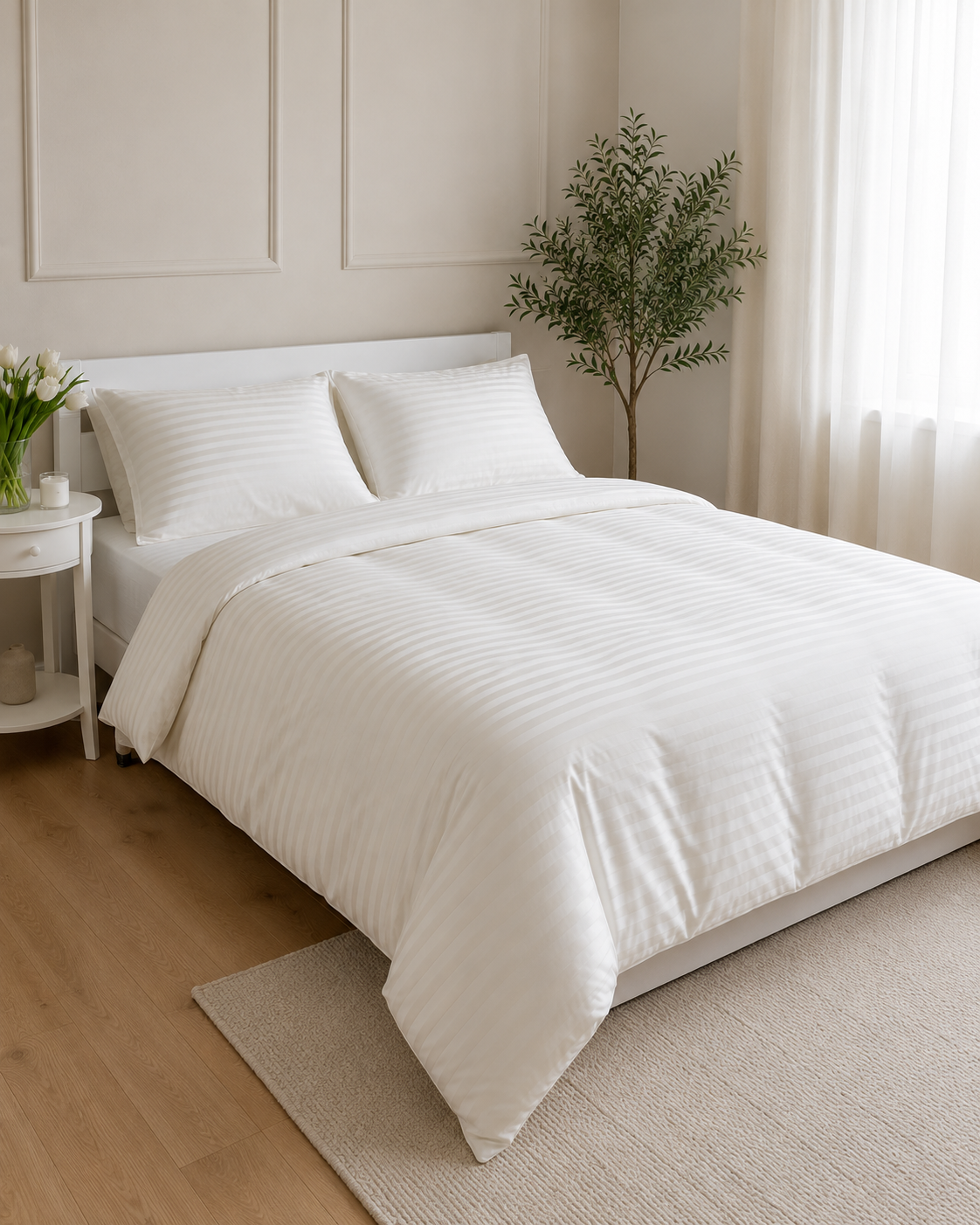 Striped Sateen Cotton Bedding Set – Ivory