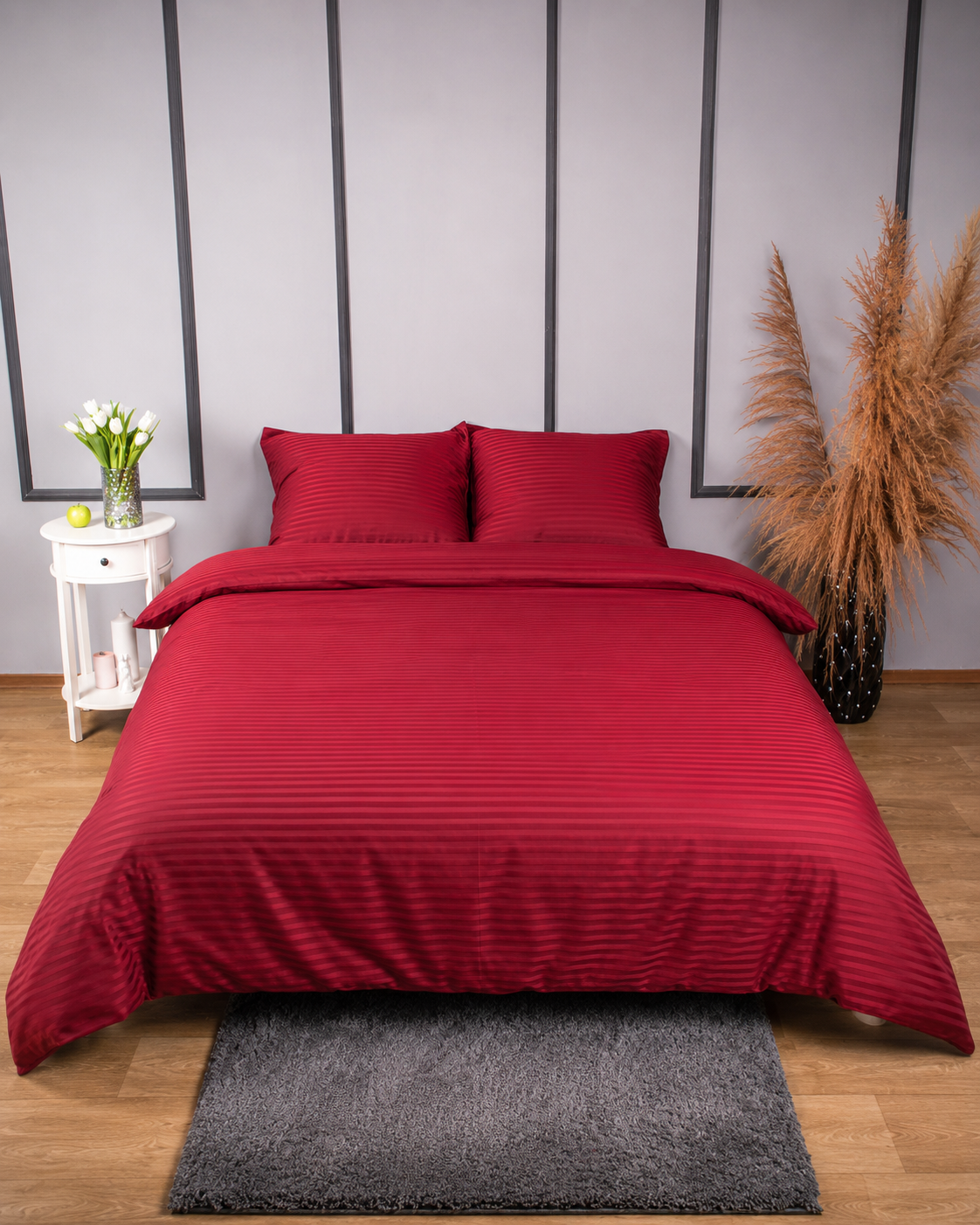Striped Sateen Cotton Bedding Set – Burgundy Red