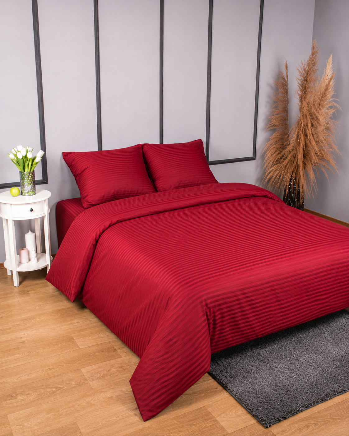 Striped Sateen Cotton Bedding Set – Burgundy Red