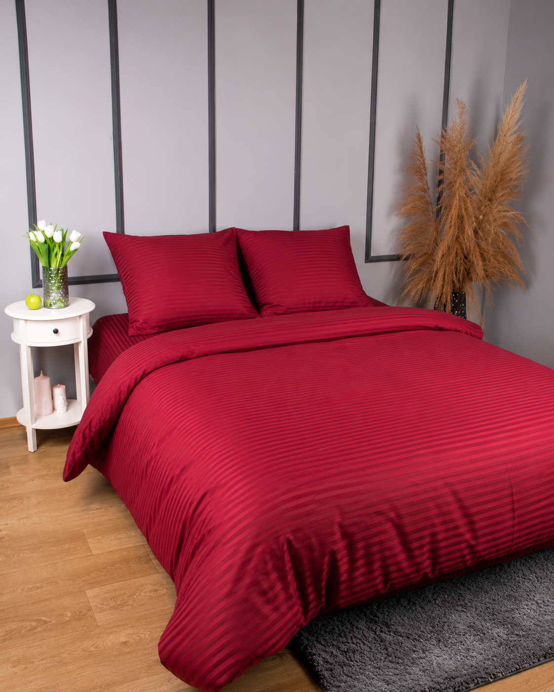 Striped Sateen Cotton Bedding Set – Burgundy Red