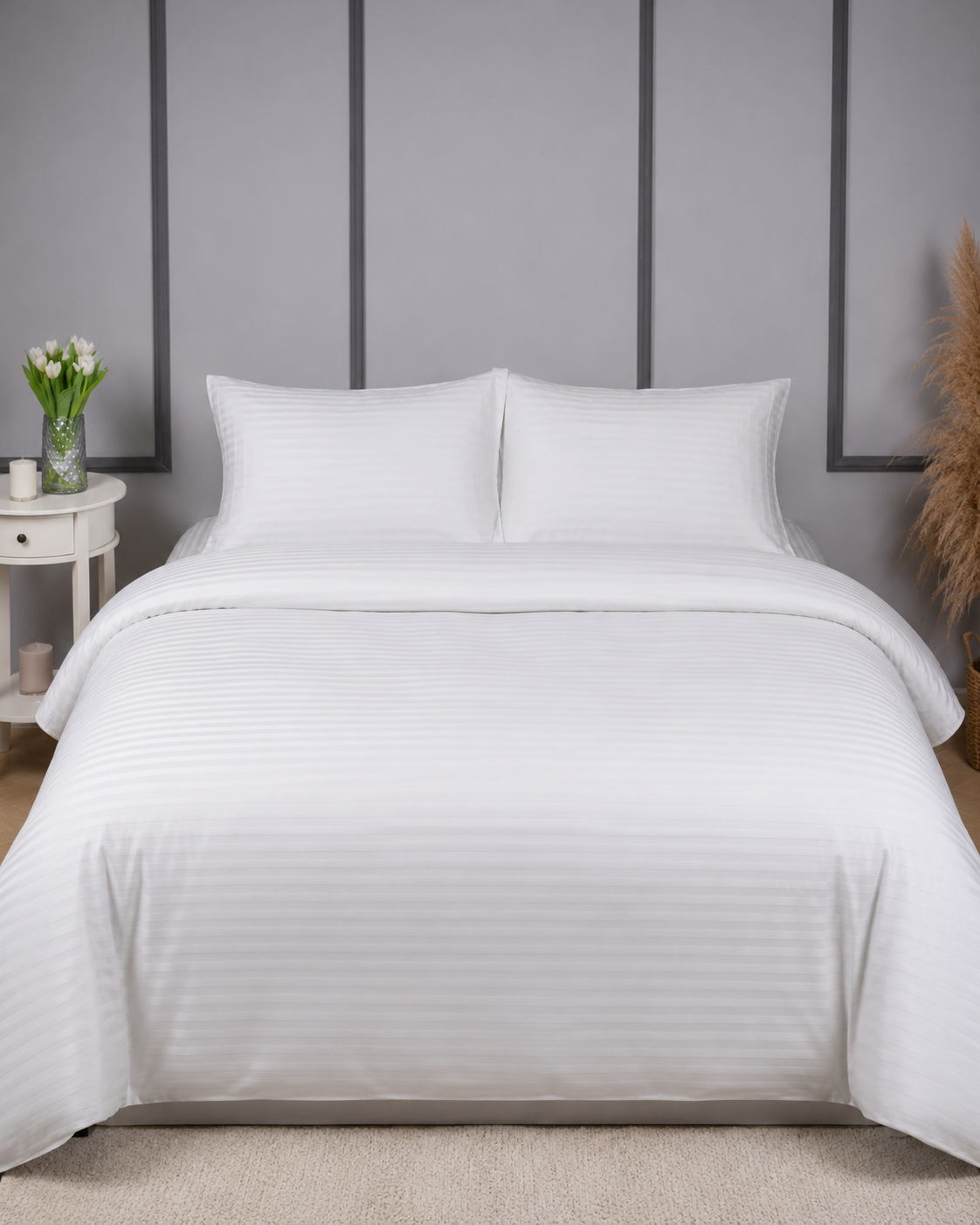 Striped Sateen Cotton Bedding Set – Pure White