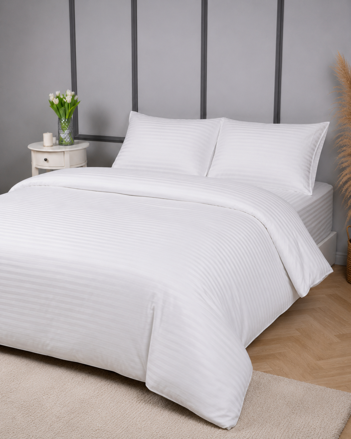 Striped Sateen Cotton Bedding Set – Pure White