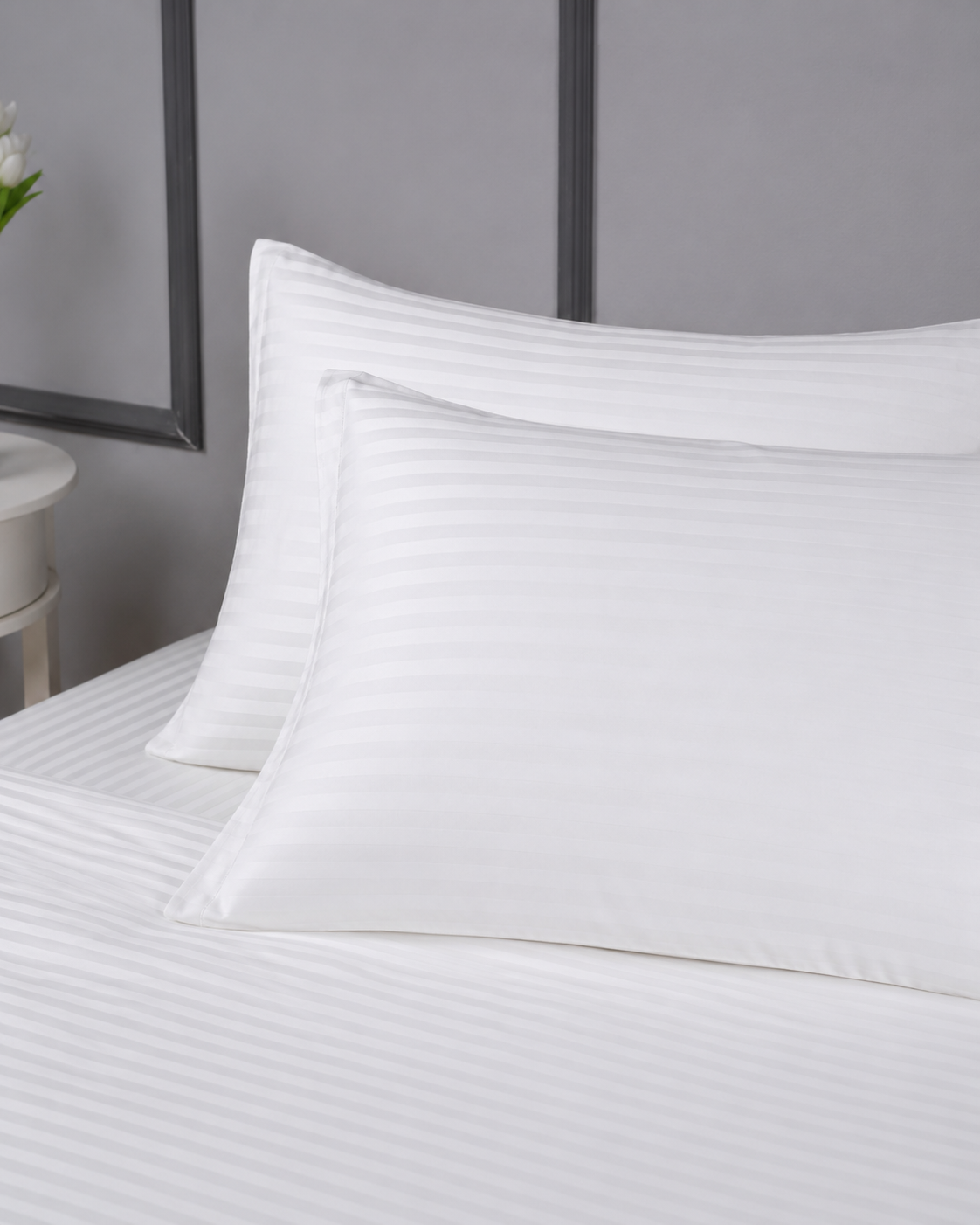 Striped Sateen Cotton Bedding Set – Pure White