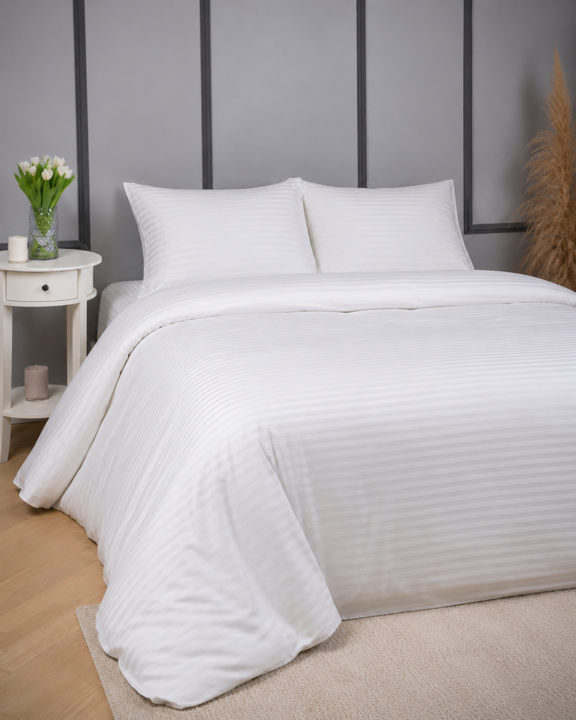 Striped Sateen Cotton Bedding Set – Pure White