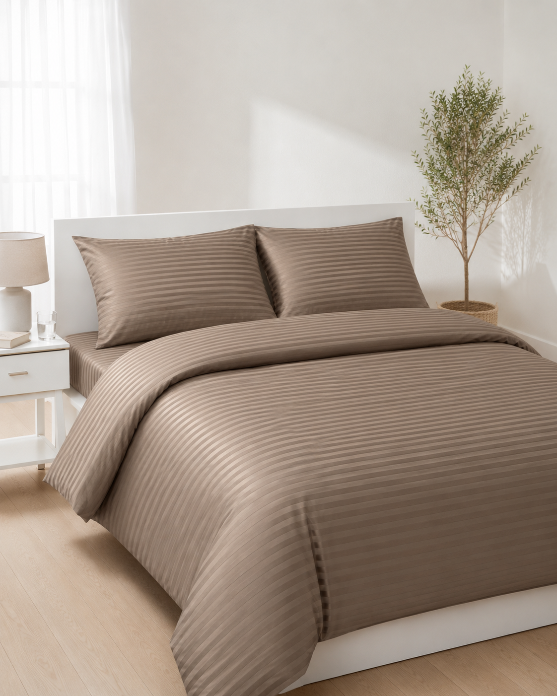 Striped Sateen Cotton Bedding Set – Taupe Harmony
