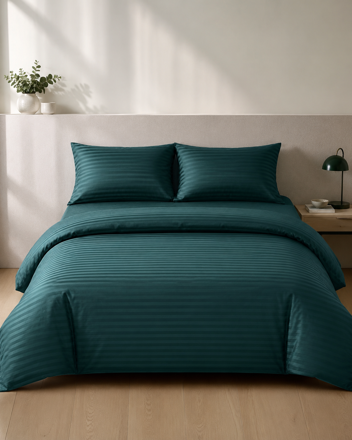 Striped Sateen Cotton Bedding Set – Deep Green Elegance