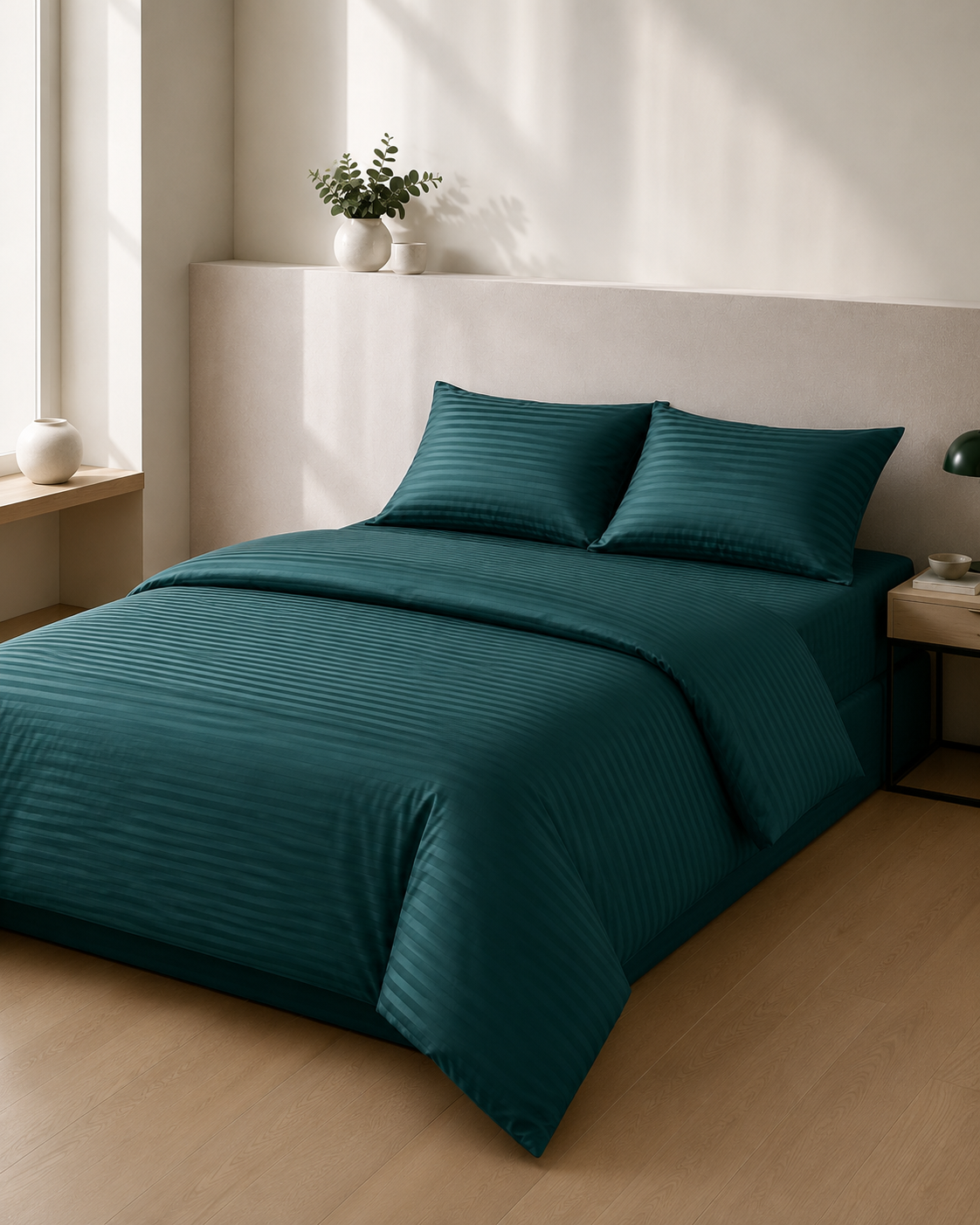 Striped Sateen Cotton Bedding Set – Deep Green Elegance