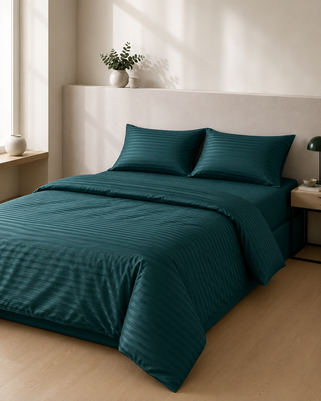 Striped Sateen Cotton Bedding Set – Deep Green Elegance