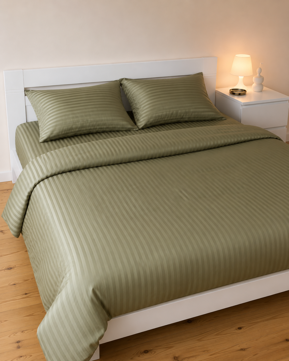 Striped Sateen Cotton Bedding Set – Olive Serenity