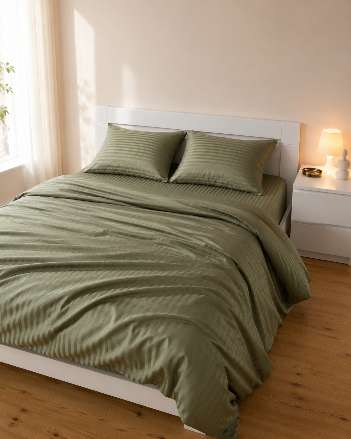 Striped Sateen Cotton Bedding Set – Olive Serenity