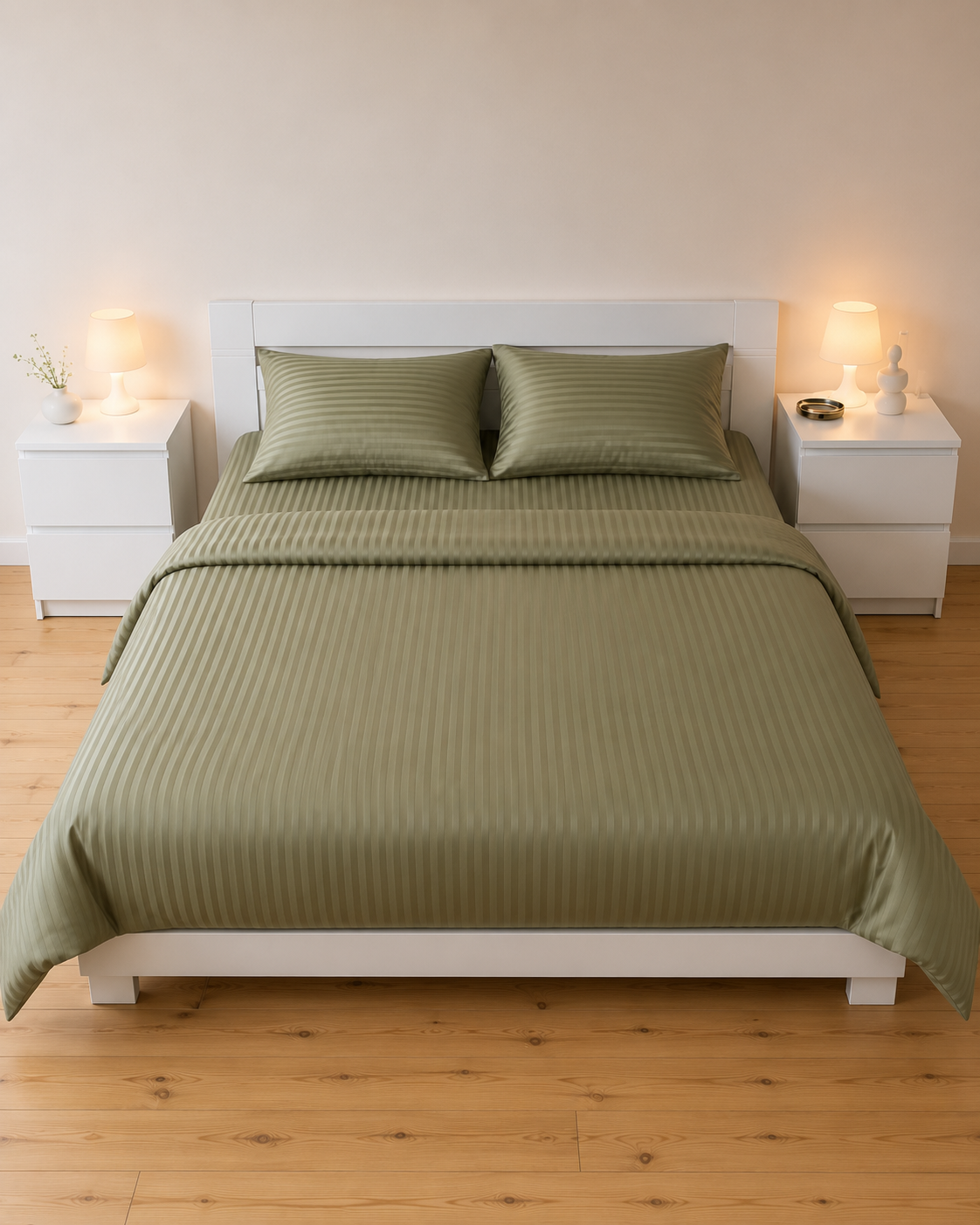 Striped Sateen Cotton Bedding Set – Olive Serenity