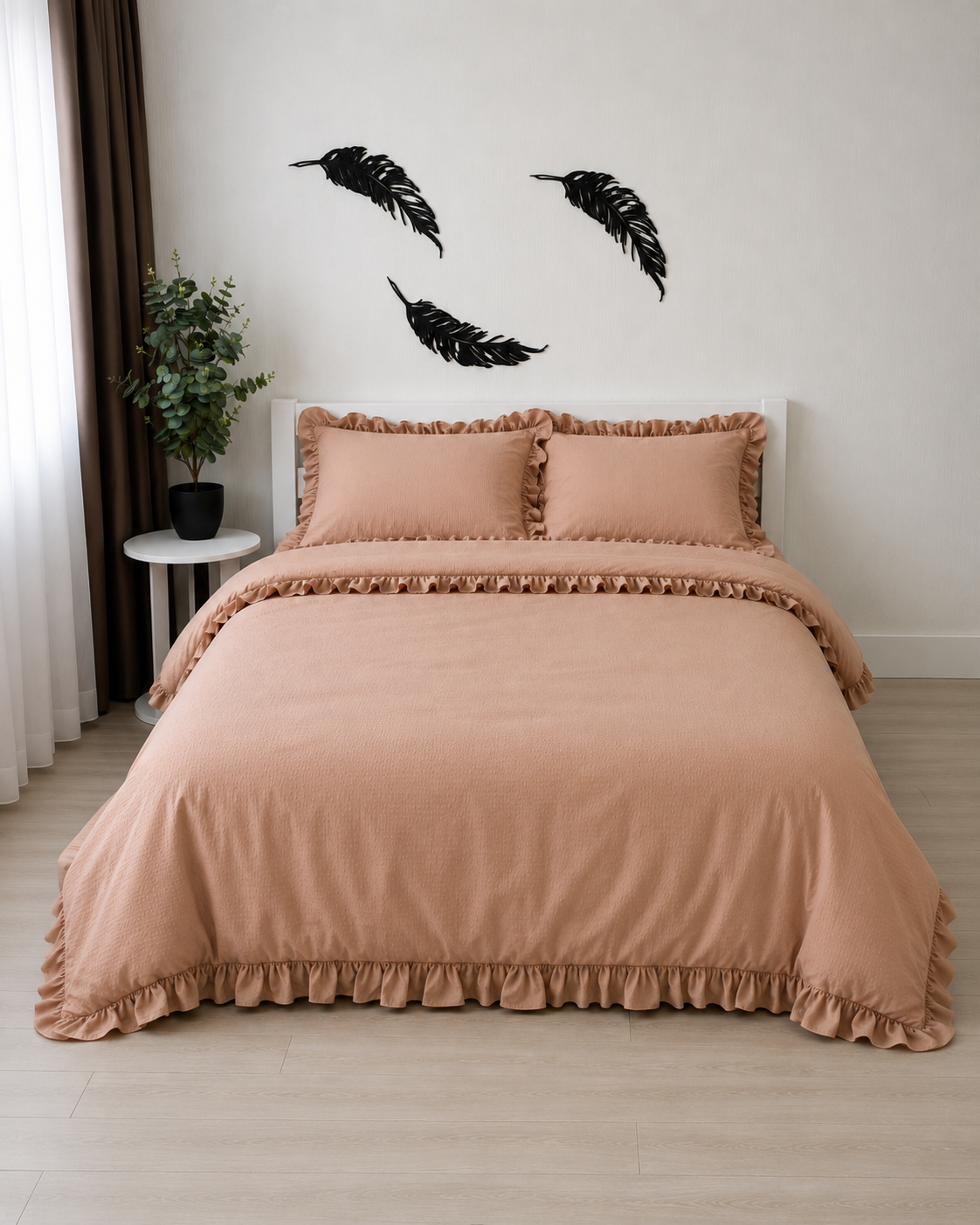 Seersucker Ruffle Cotton Bedding Set — Warm Sand