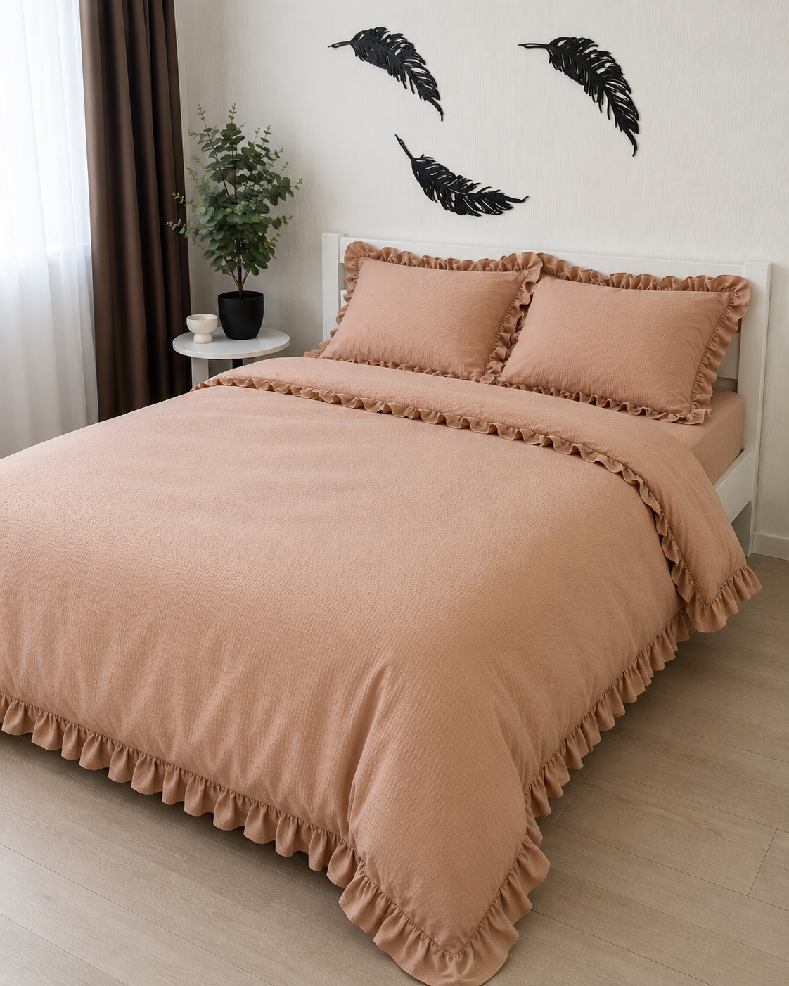 Seersucker Ruffle Cotton Bedding Set — Warm Sand