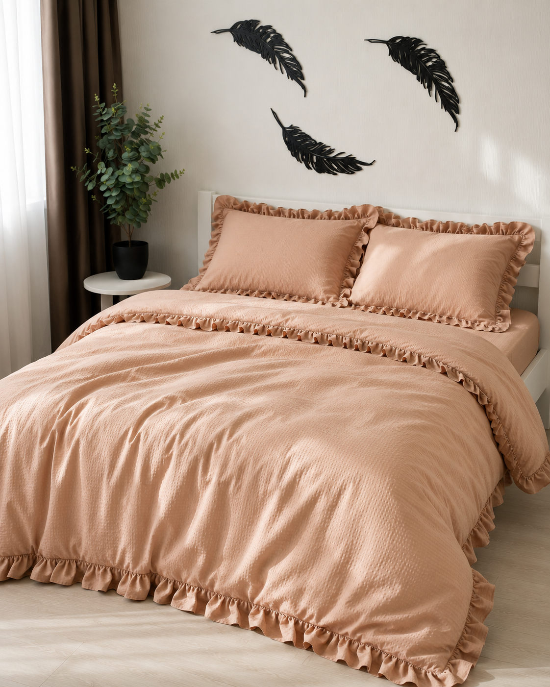 Seersucker Ruffle Cotton Bedding Set — Warm Sand