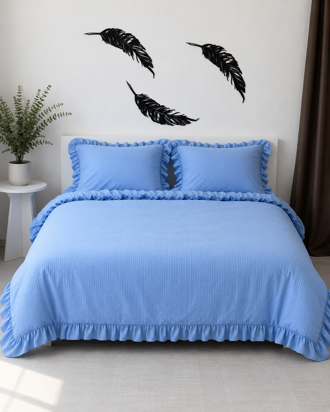 Seersucker Ruffle Cotton Bedding Set — Blue Serenity