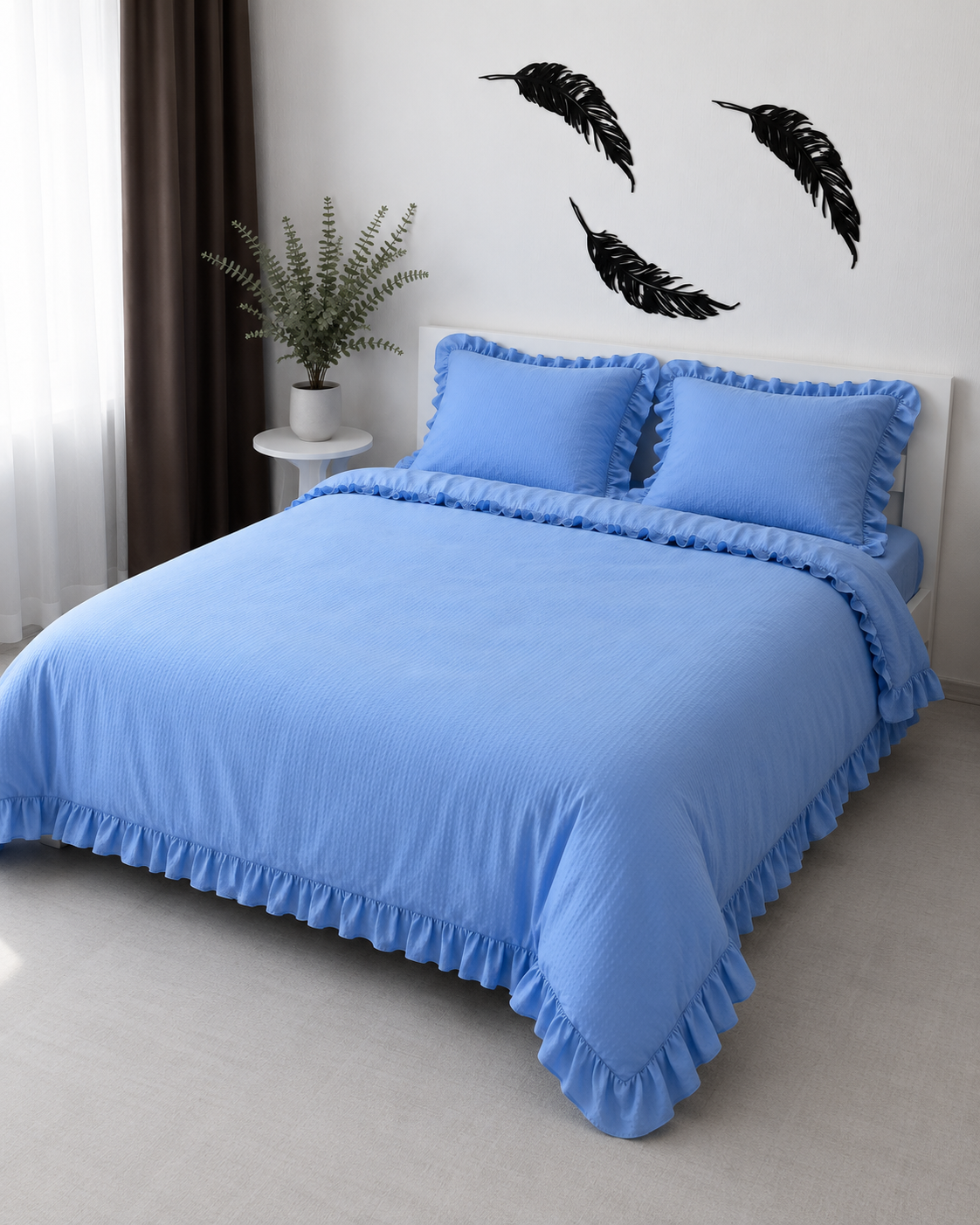 Seersucker Ruffle Cotton Bedding Set — Blue Serenity