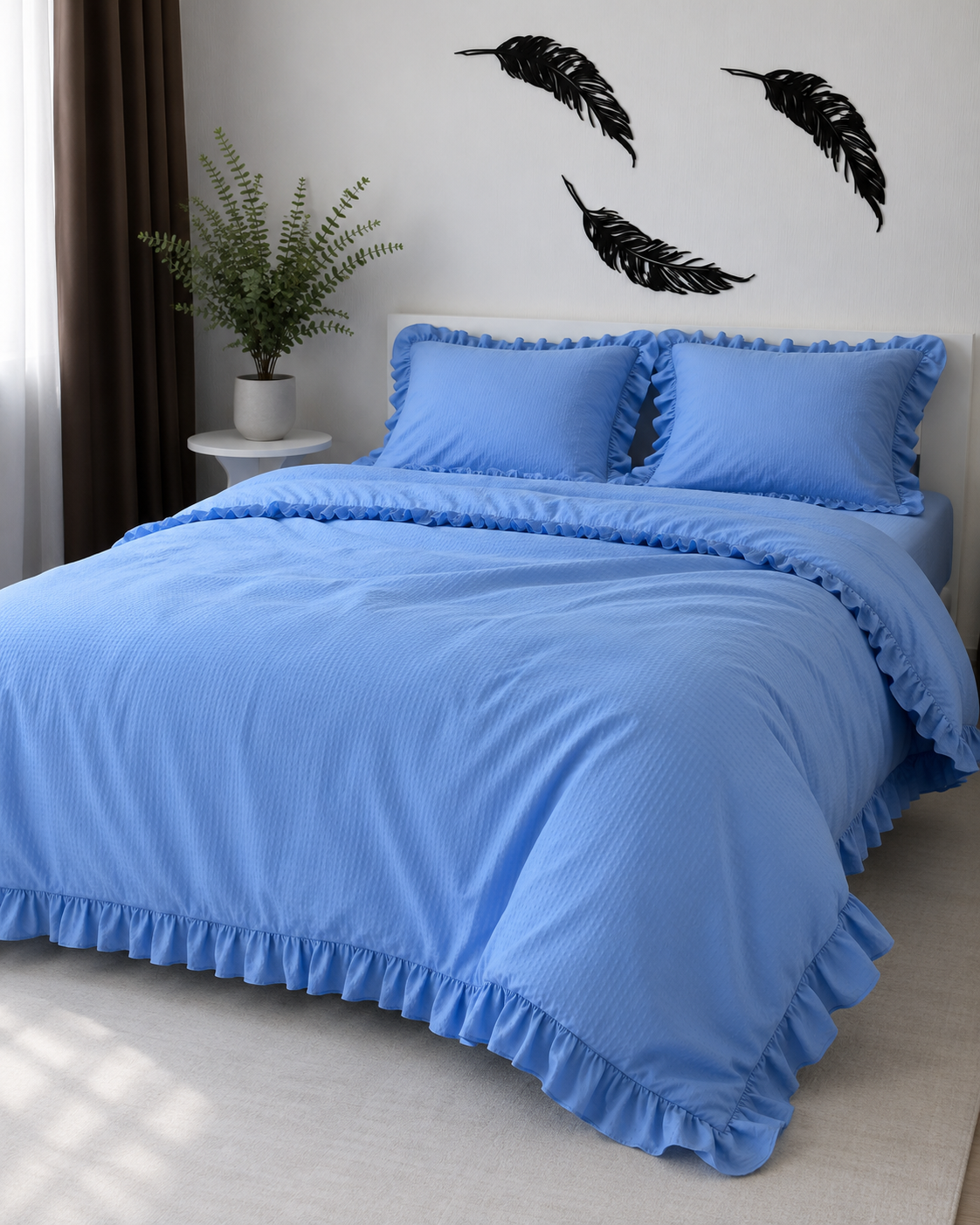Seersucker Ruffle Cotton Bedding Set — Blue Serenity