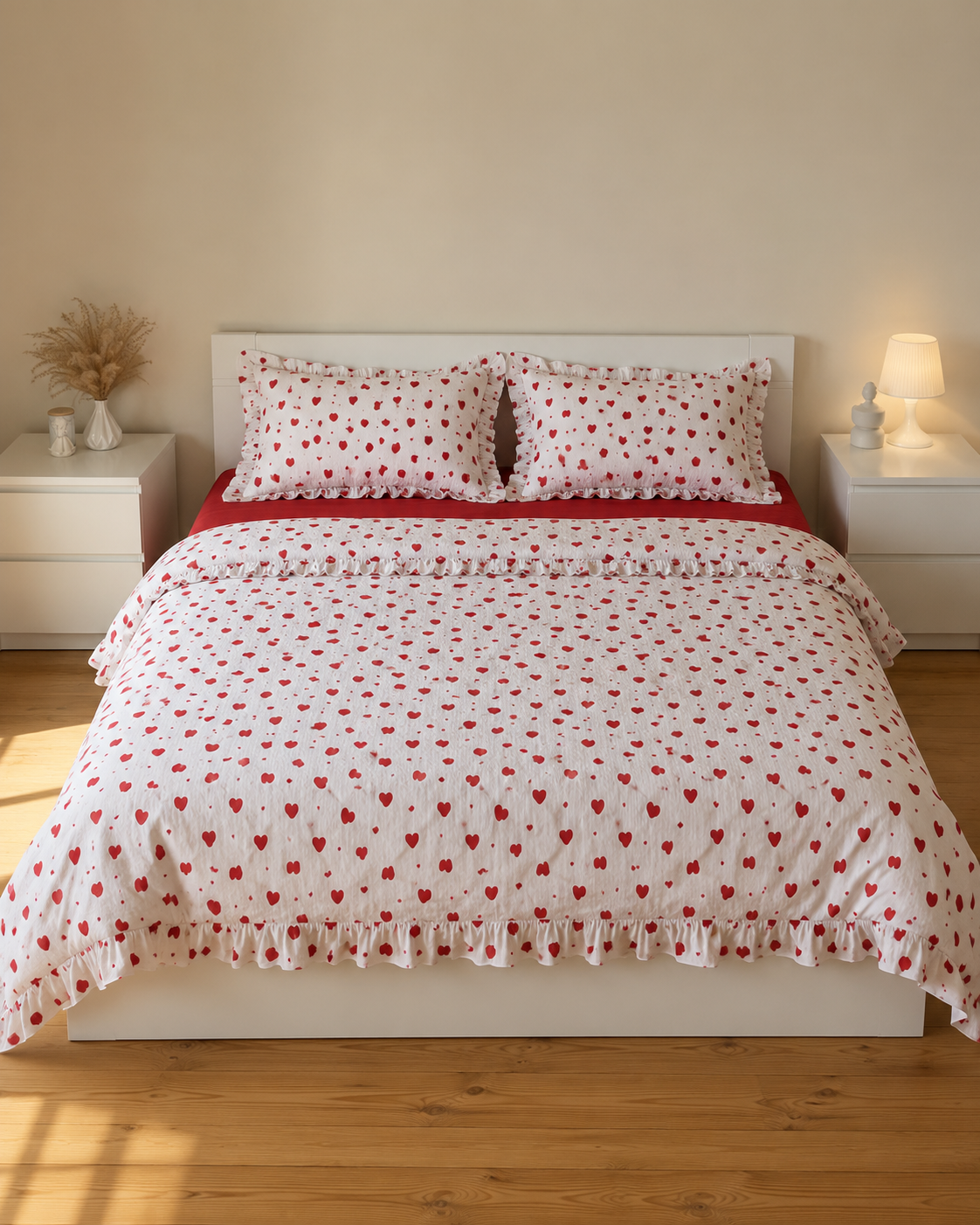 Seersucker Ruffle Cotton Bedding Set — Red Heart