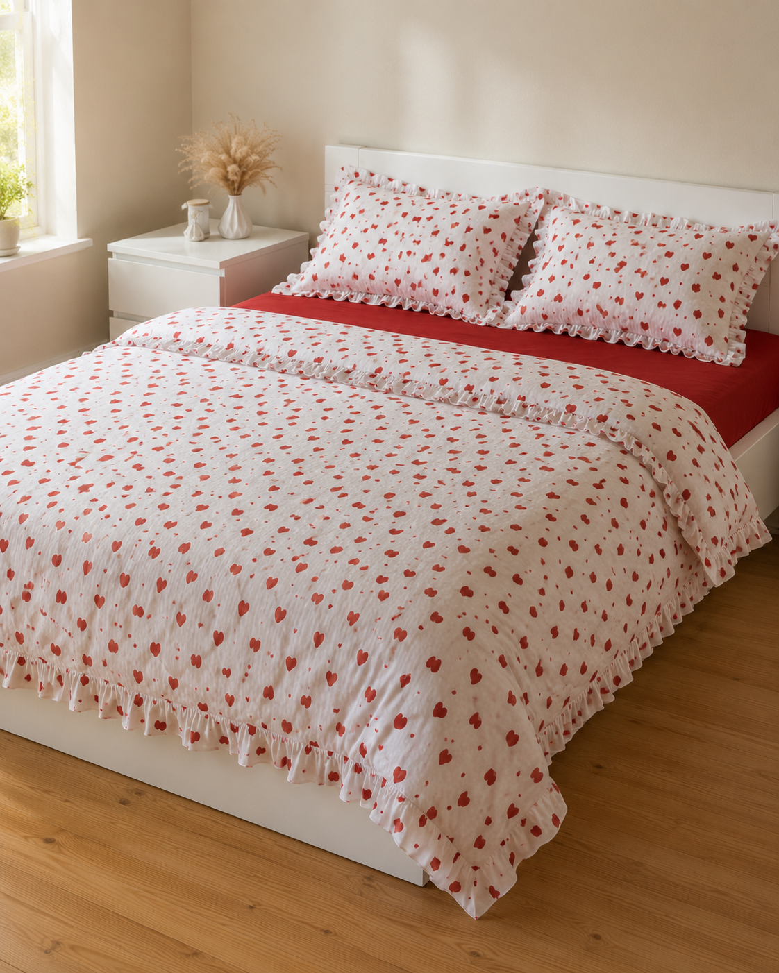 Seersucker Ruffle Cotton Bedding Set — Red Heart
