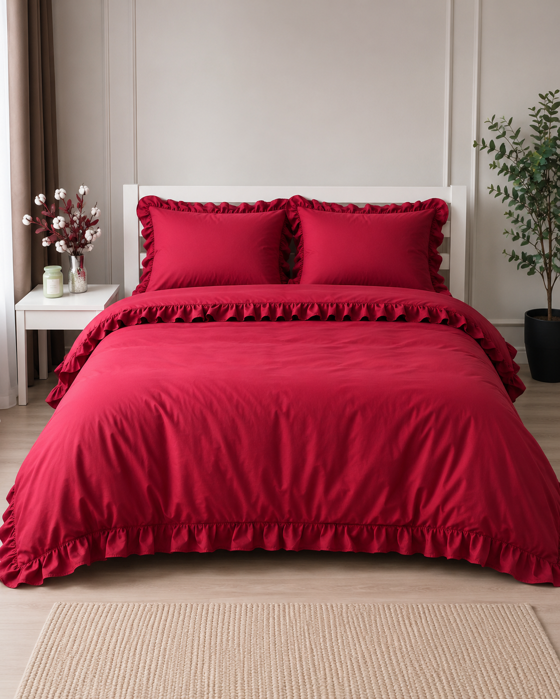 Ranforce Ruffle Cotton Bedding Set – Burgundy Elegance