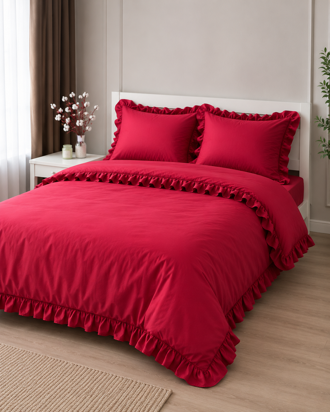 Ranforce Ruffle Cotton Bedding Set – Burgundy Elegance