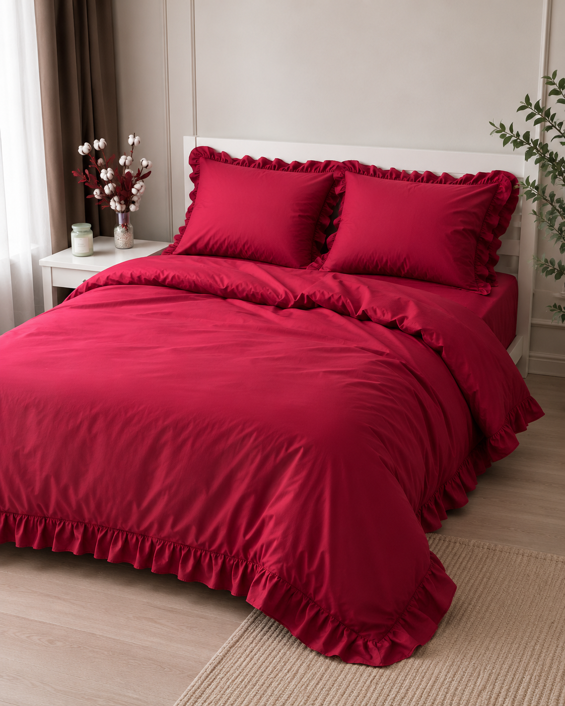 Ranforce Ruffle Cotton Bedding Set – Burgundy Elegance