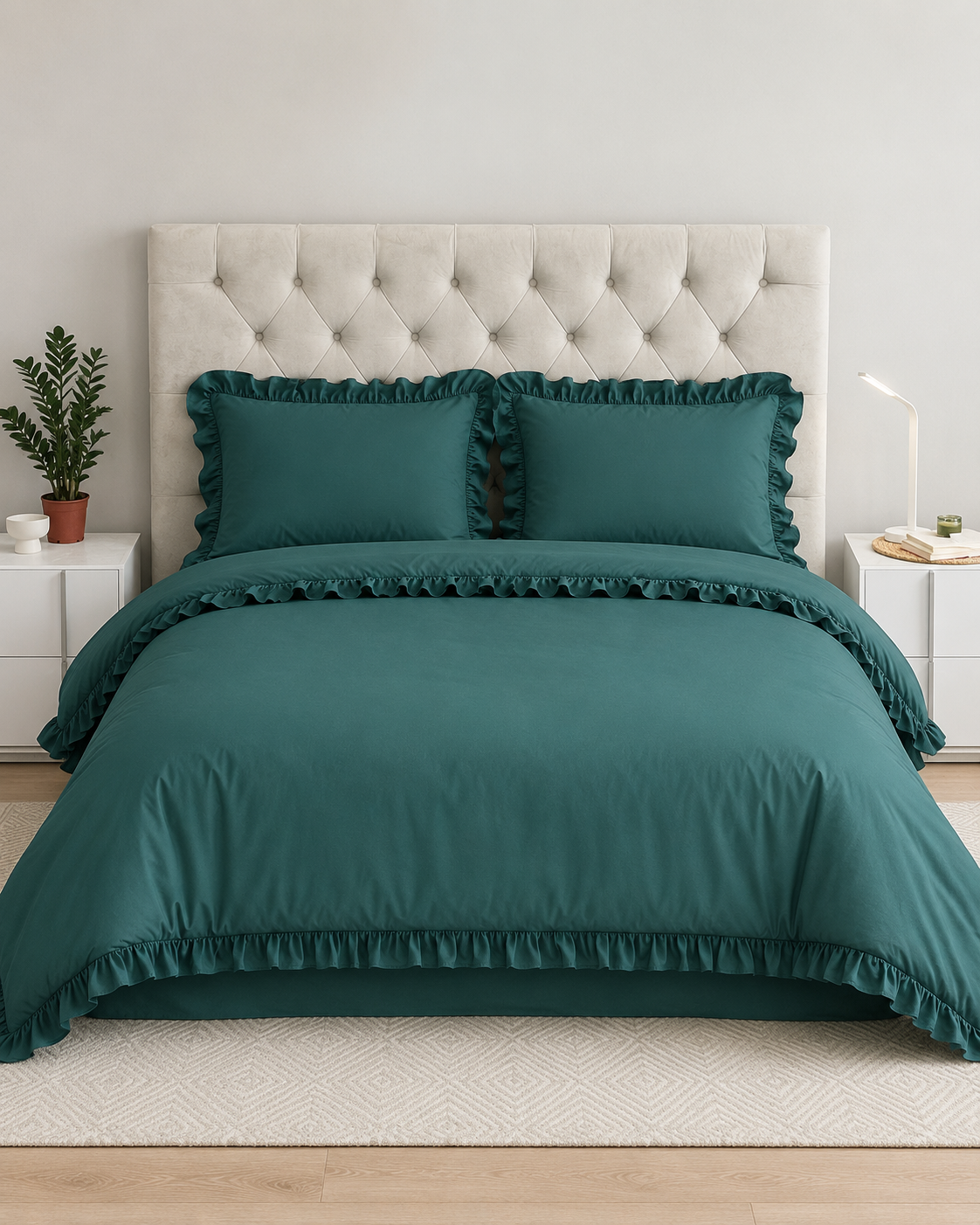 Ranforce Ruffle Cotton Bedding Set – Deep Emerald