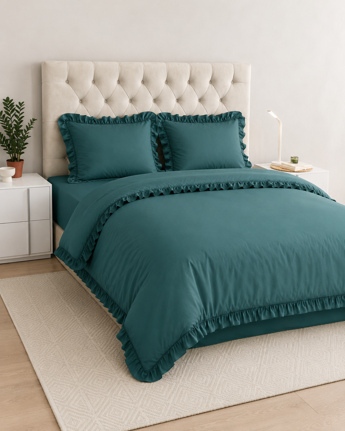 Ranforce Ruffle Cotton Bedding Set – Deep Emerald