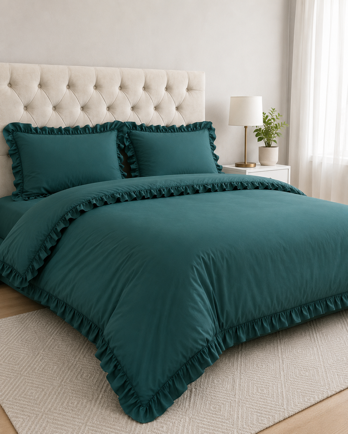Ranforce Ruffle Cotton Bedding Set – Deep Emerald