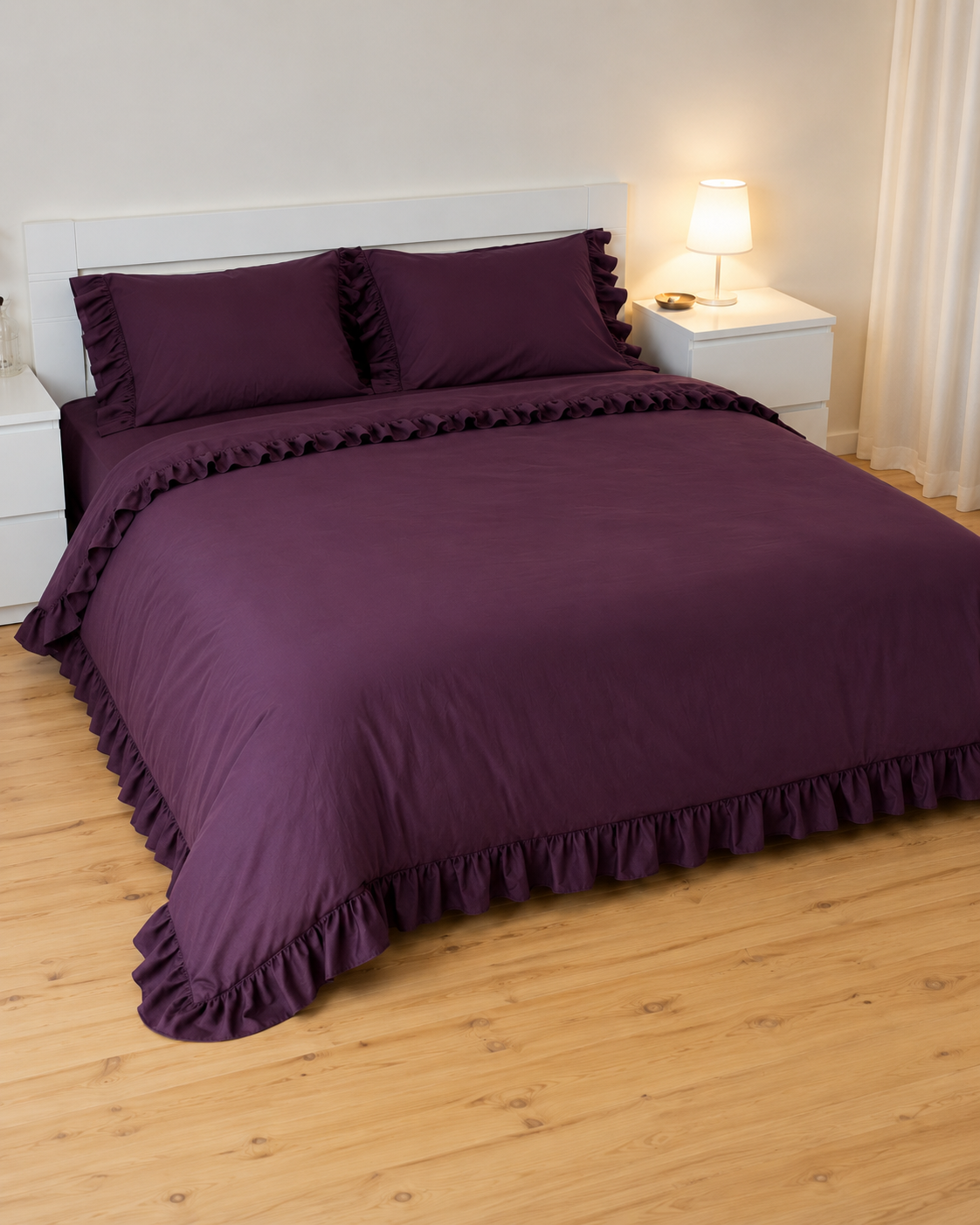 Ranforce Ruffle Cotton Bedding Set – Deep Plum