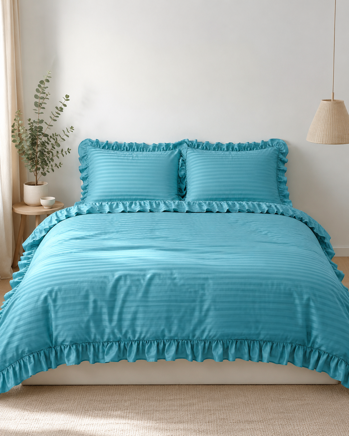 Striped Sateen Ruffle Cotton Bedding Set – Ocean Teal