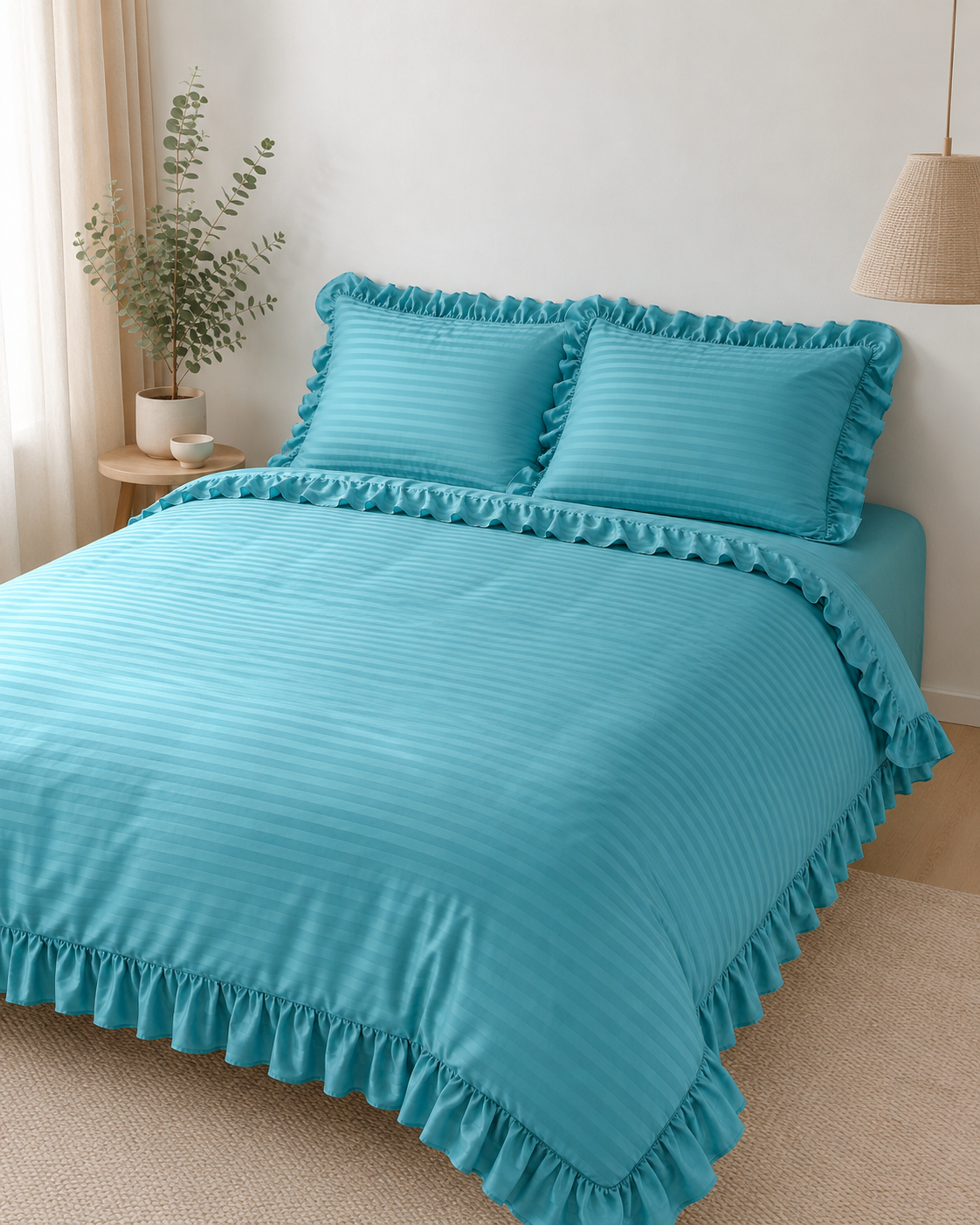 Striped Sateen Ruffle Cotton Bedding Set – Ocean Teal