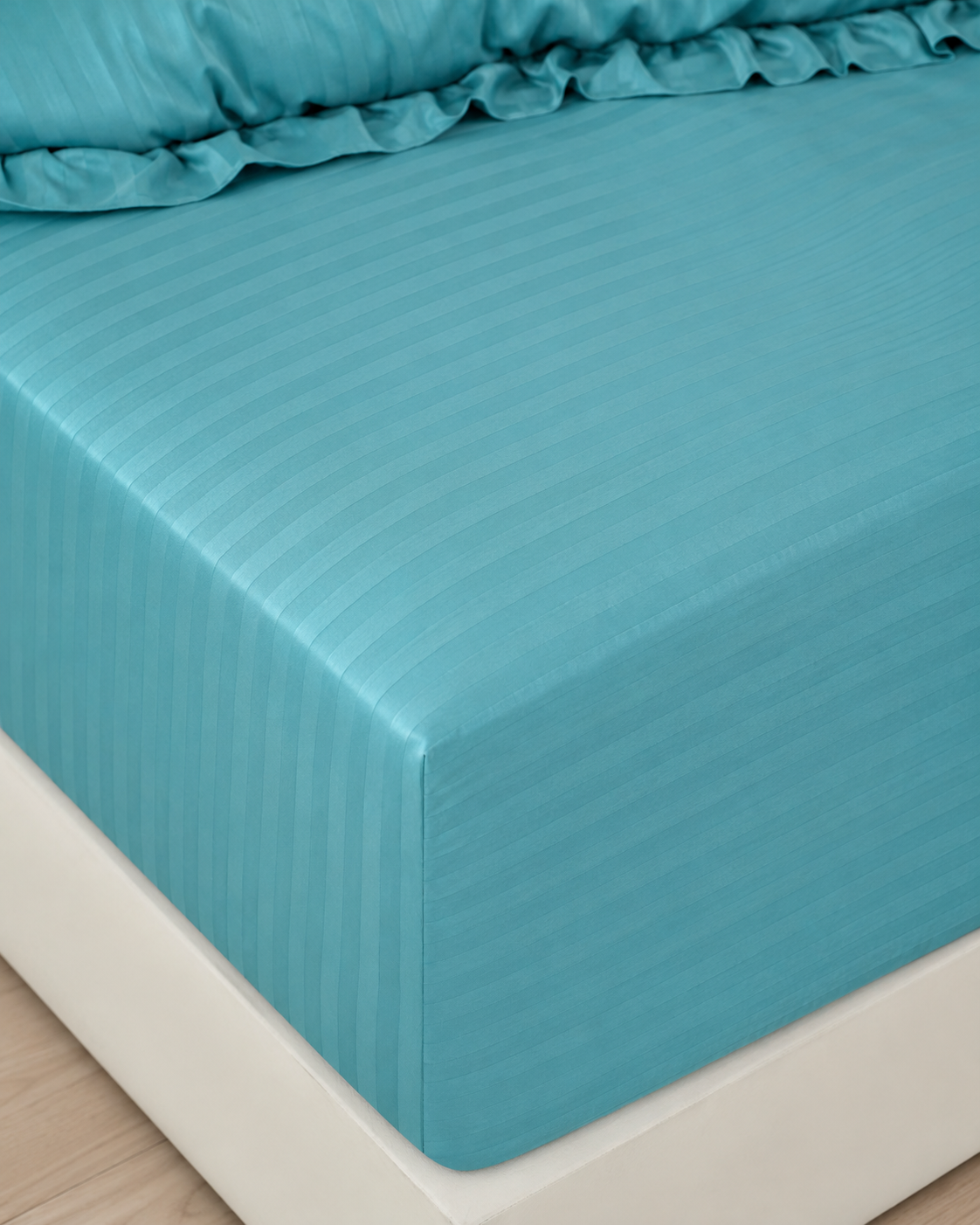 Striped Sateen Ruffle Cotton Bedding Set – Ocean Teal