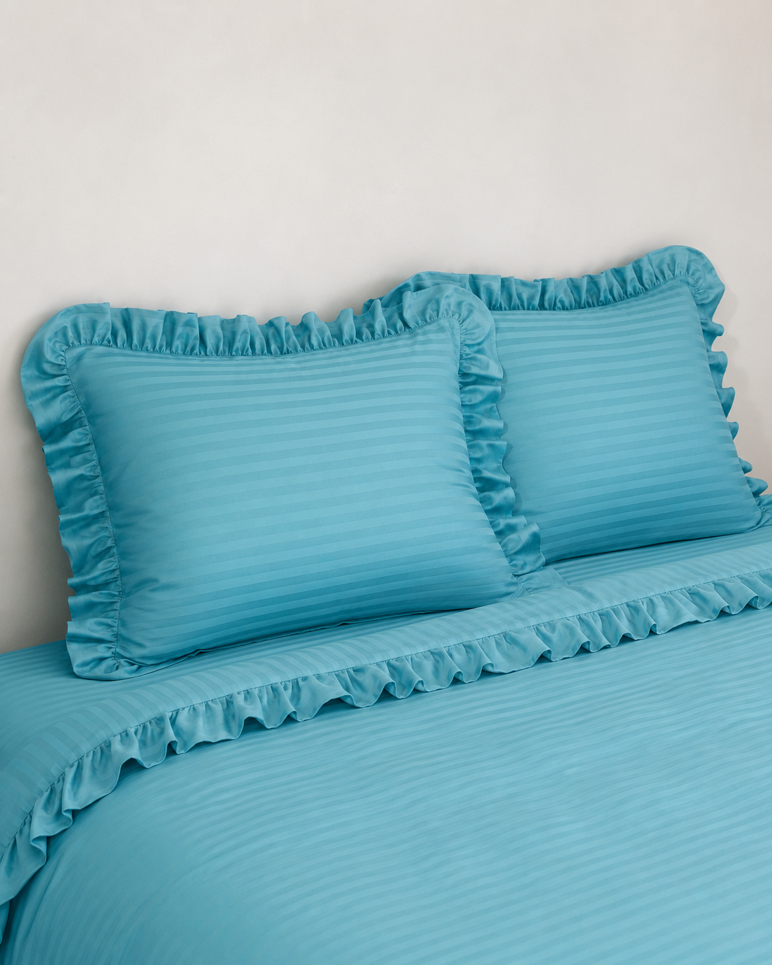 Striped Sateen Ruffle Cotton Bedding Set – Ocean Teal