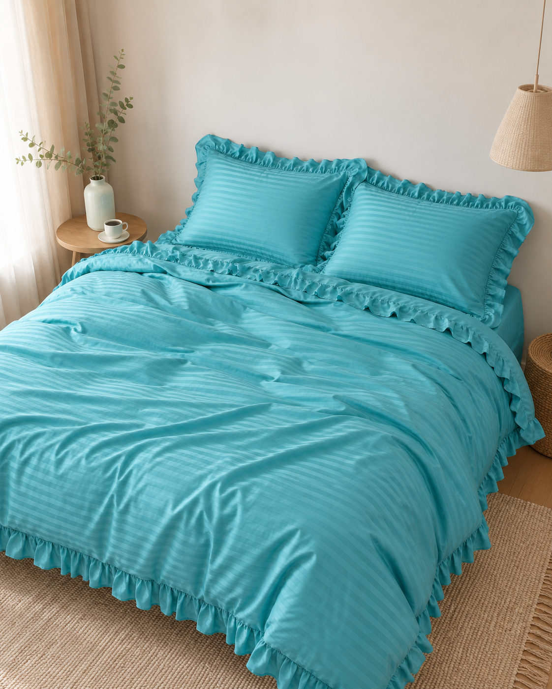 Striped Sateen Ruffle Cotton Bedding Set – Ocean Teal
