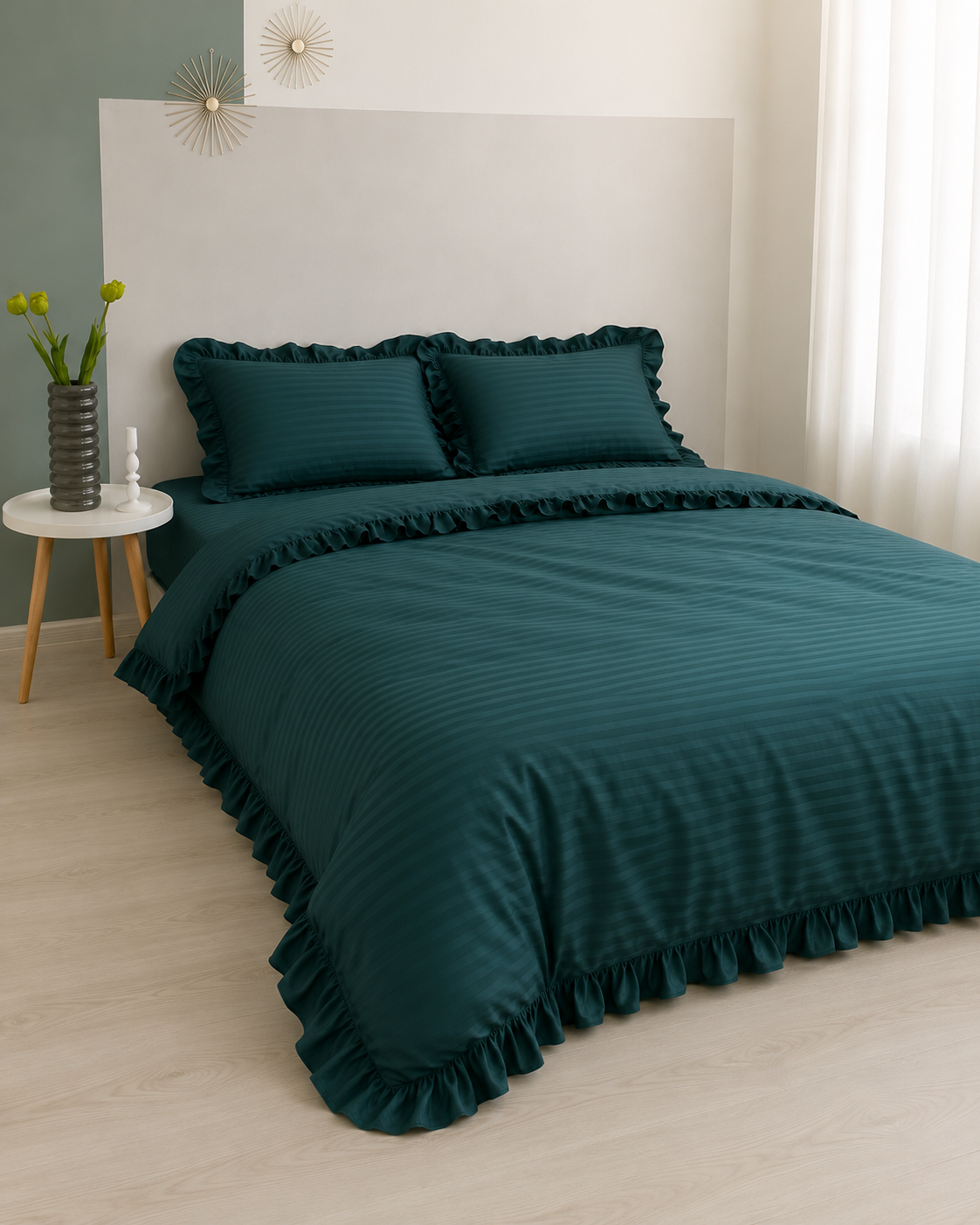 Striped Sateen Ruffle Cotton Bedding Set – Deep Green Elegance