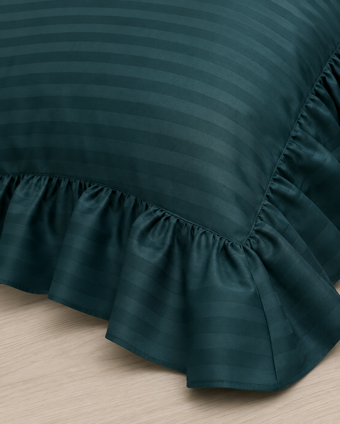 Striped Sateen Ruffle Cotton Bedding Set – Deep Green Elegance