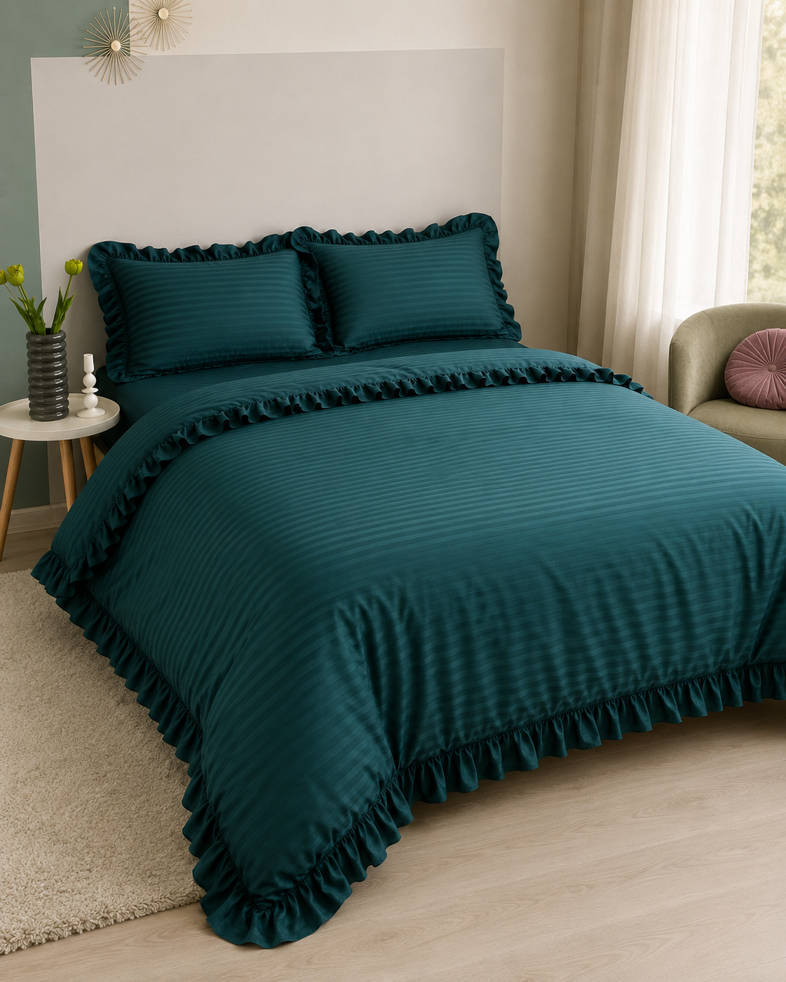 Striped Sateen Ruffle Cotton Bedding Set – Deep Green Elegance
