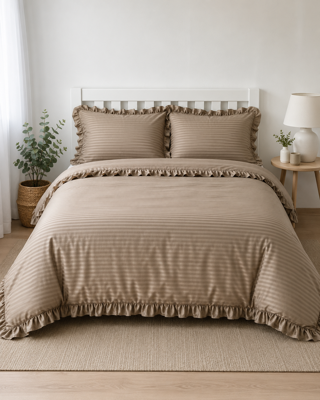 Striped Sateen Ruffle Cotton Bedding Set – Taupe Harmony