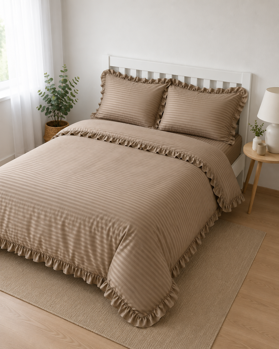 Striped Sateen Ruffle Cotton Bedding Set – Taupe Harmony