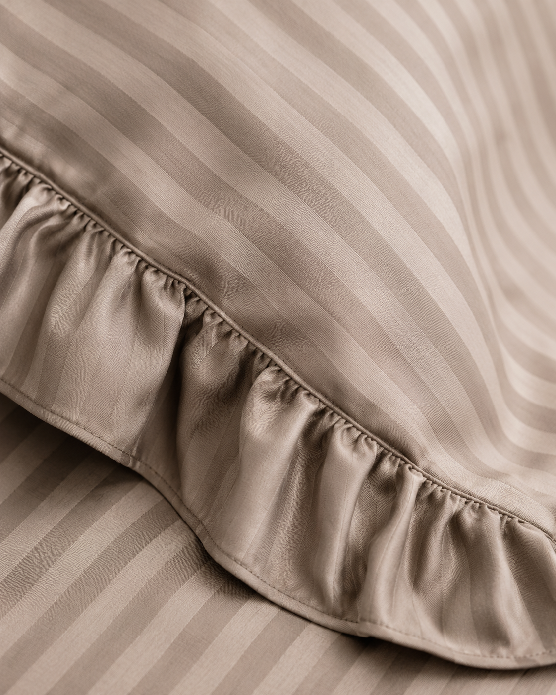 Striped Sateen Ruffle Cotton Bedding Set – Taupe Harmony