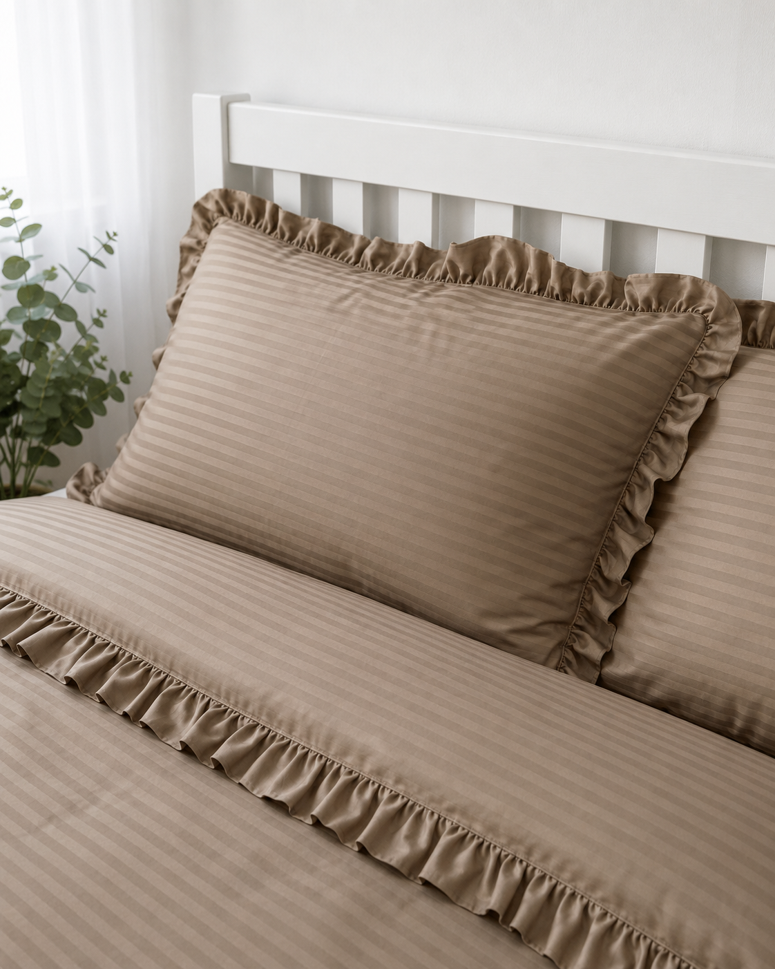 Striped Sateen Ruffle Cotton Bedding Set – Taupe Harmony