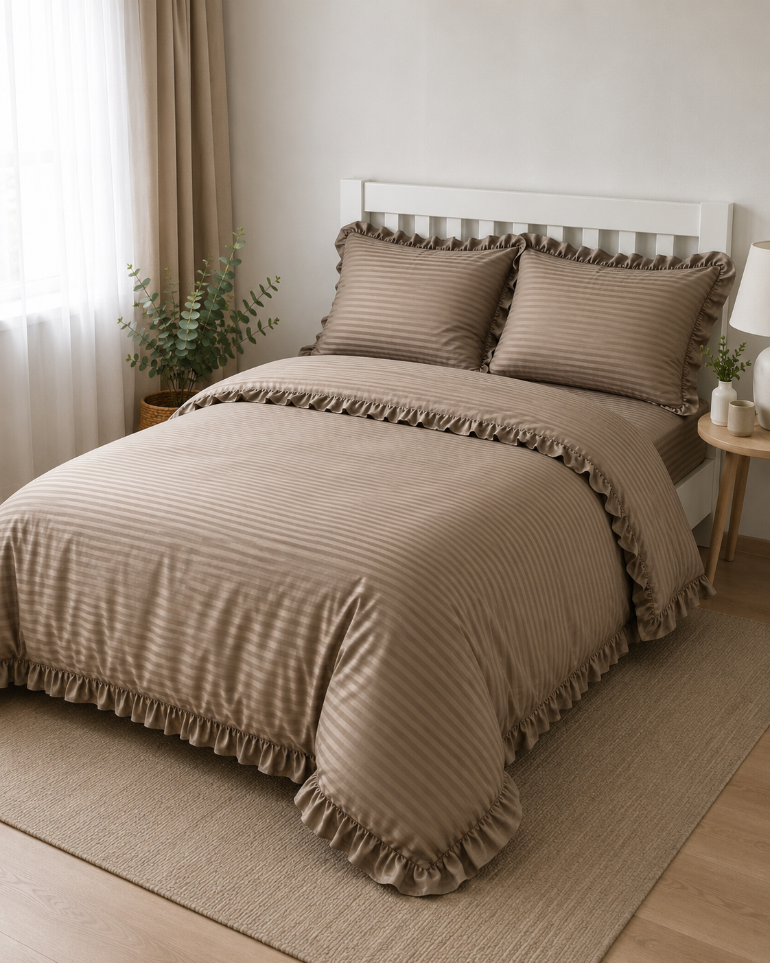 Striped Sateen Ruffle Cotton Bedding Set – Taupe Harmony