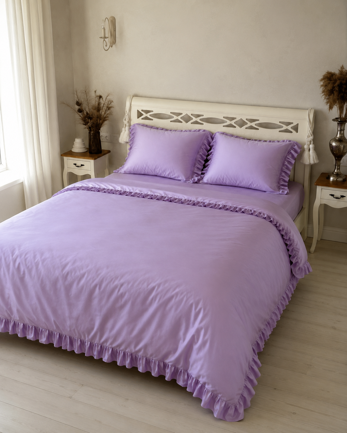 Luxury Cotton Ruffle Sateen Bedding Set – Lavender Dream