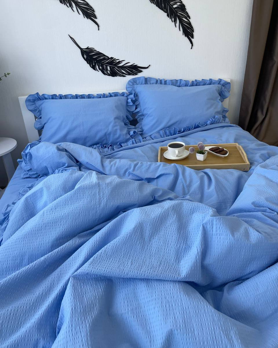 Seersucker Ruffle Cotton Bedding Set — Blue Serenity
