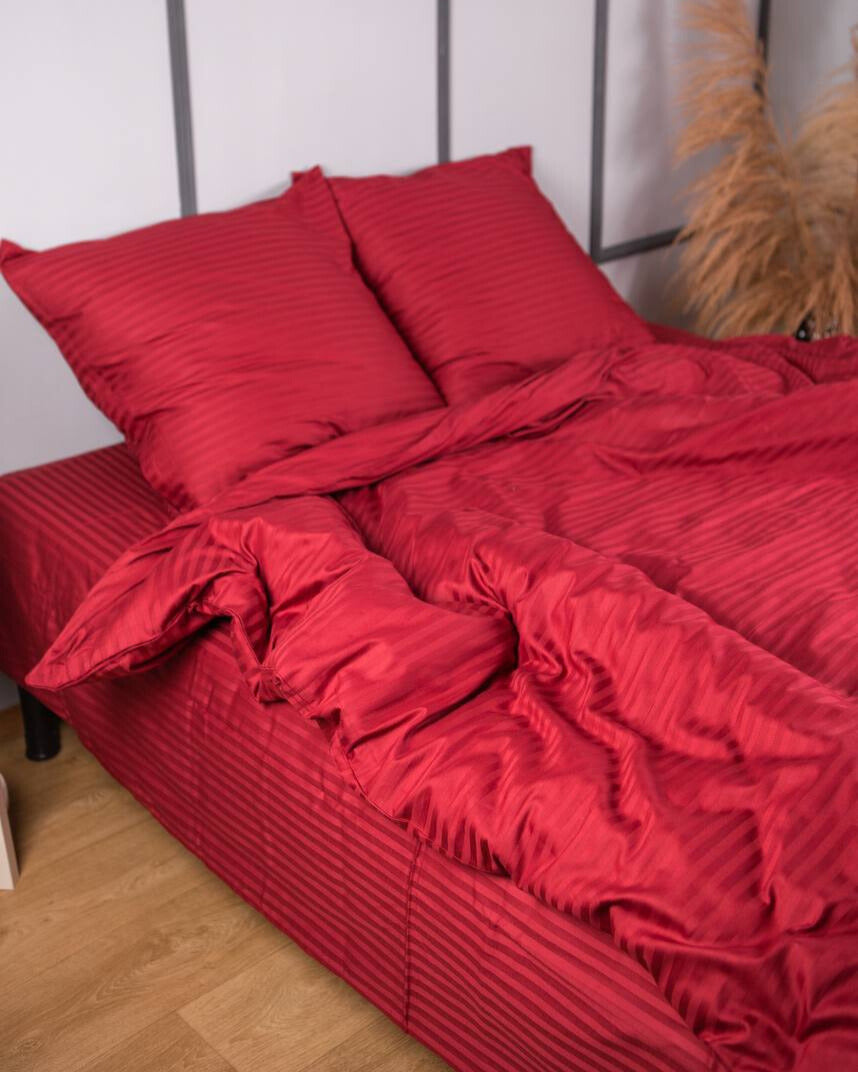 Premium Striped Sateen Cotton Bedding Set – Burgundy Red