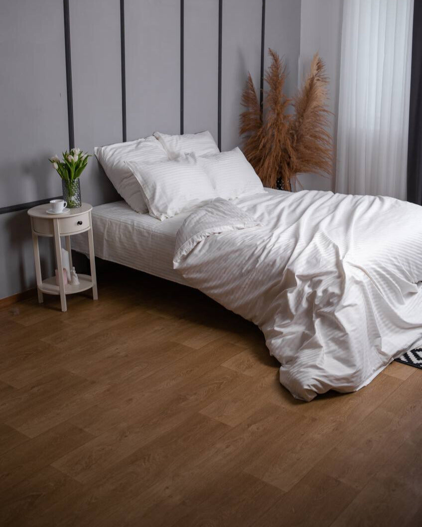 Premium Striped Sateen Cotton Bedding Set – Pure White