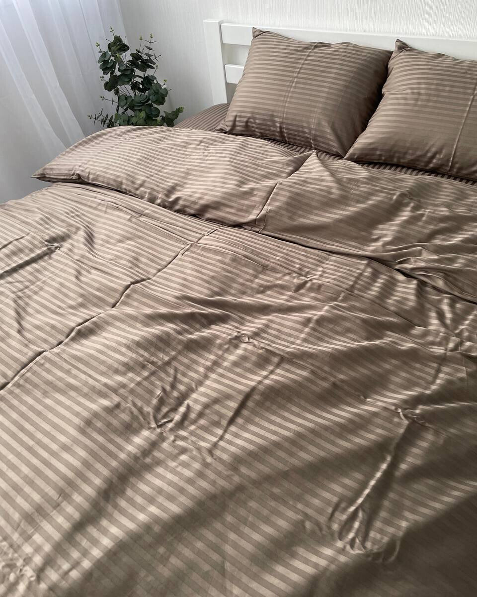 Premium Striped Sateen Cotton Bedding Set – Taupe Harmony