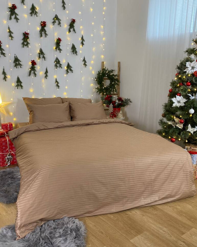 Premium Striped Sateen Bedding Set – Warm Beige