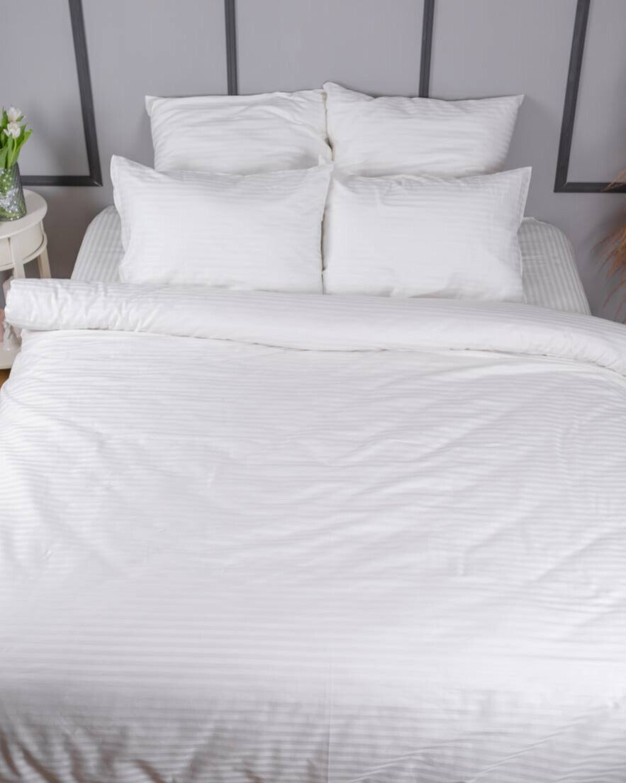 Premium Striped Sateen Cotton Bedding Set – Pure White